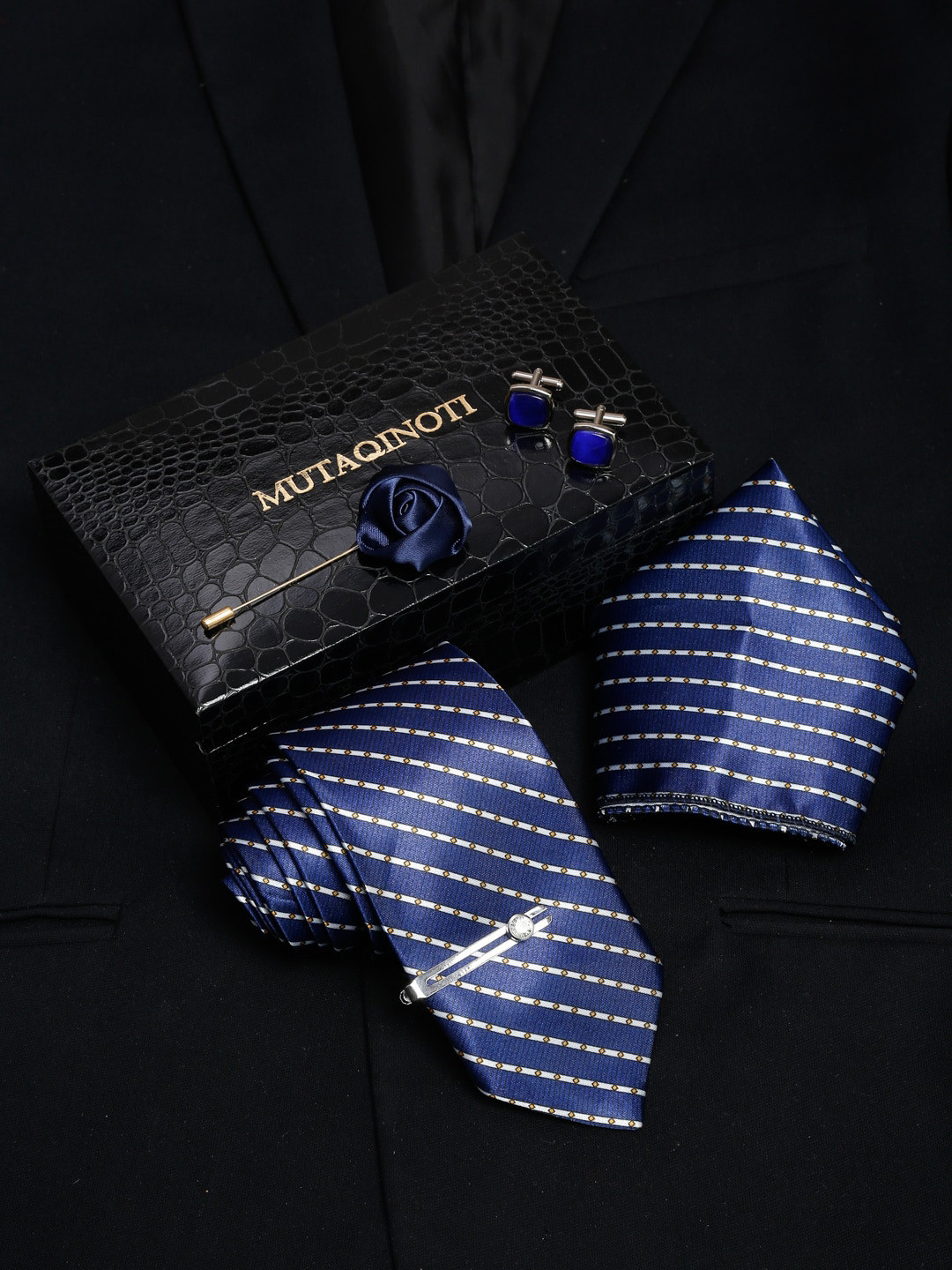 MUTAQINOTI Men Striped & Micro Geometric Print Silk Blend Necktie Accessory Gift Set