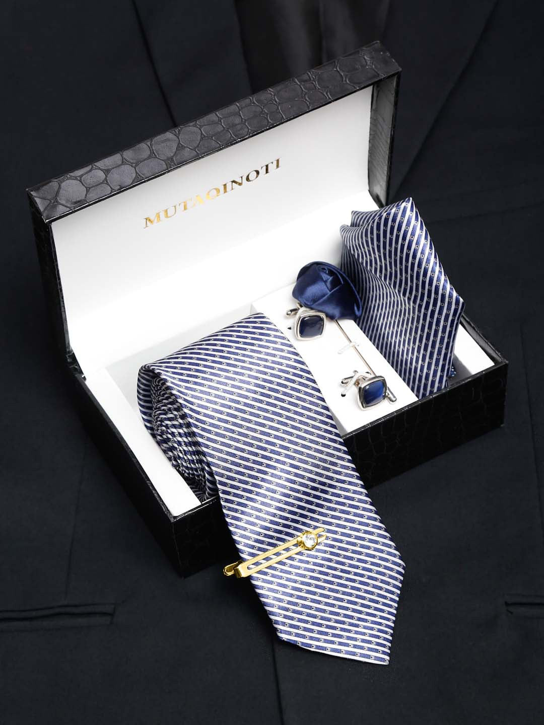 MUTAQINOTI Men Dotted Stripes Necktie Accessory Gift Set