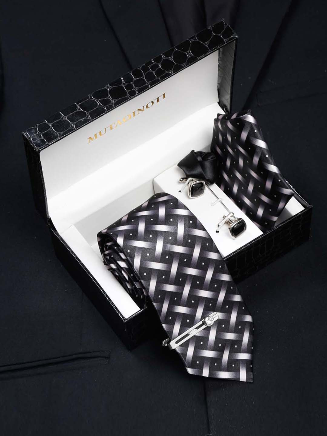MUTAQINOTI Men Checked & Micro Geometric Print Silk Blend Necktie Accessory Gift Set