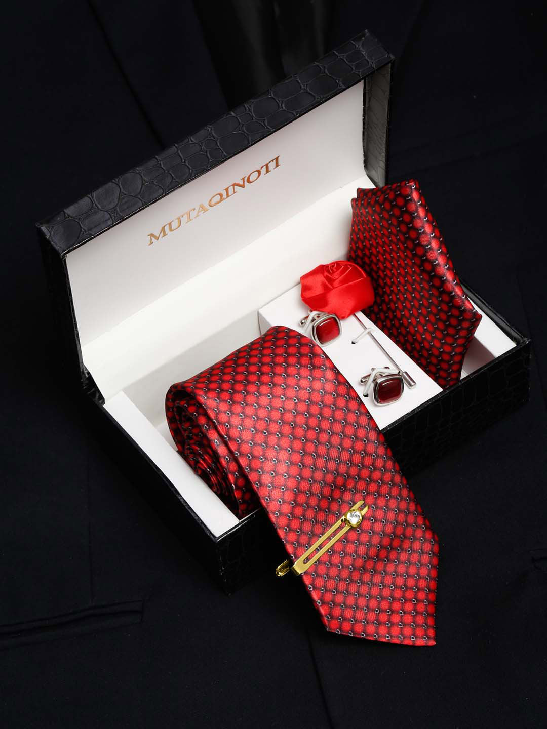 MUTAQINOTI Men Red Printed Polyester Formal Tie Accessory Gift Set