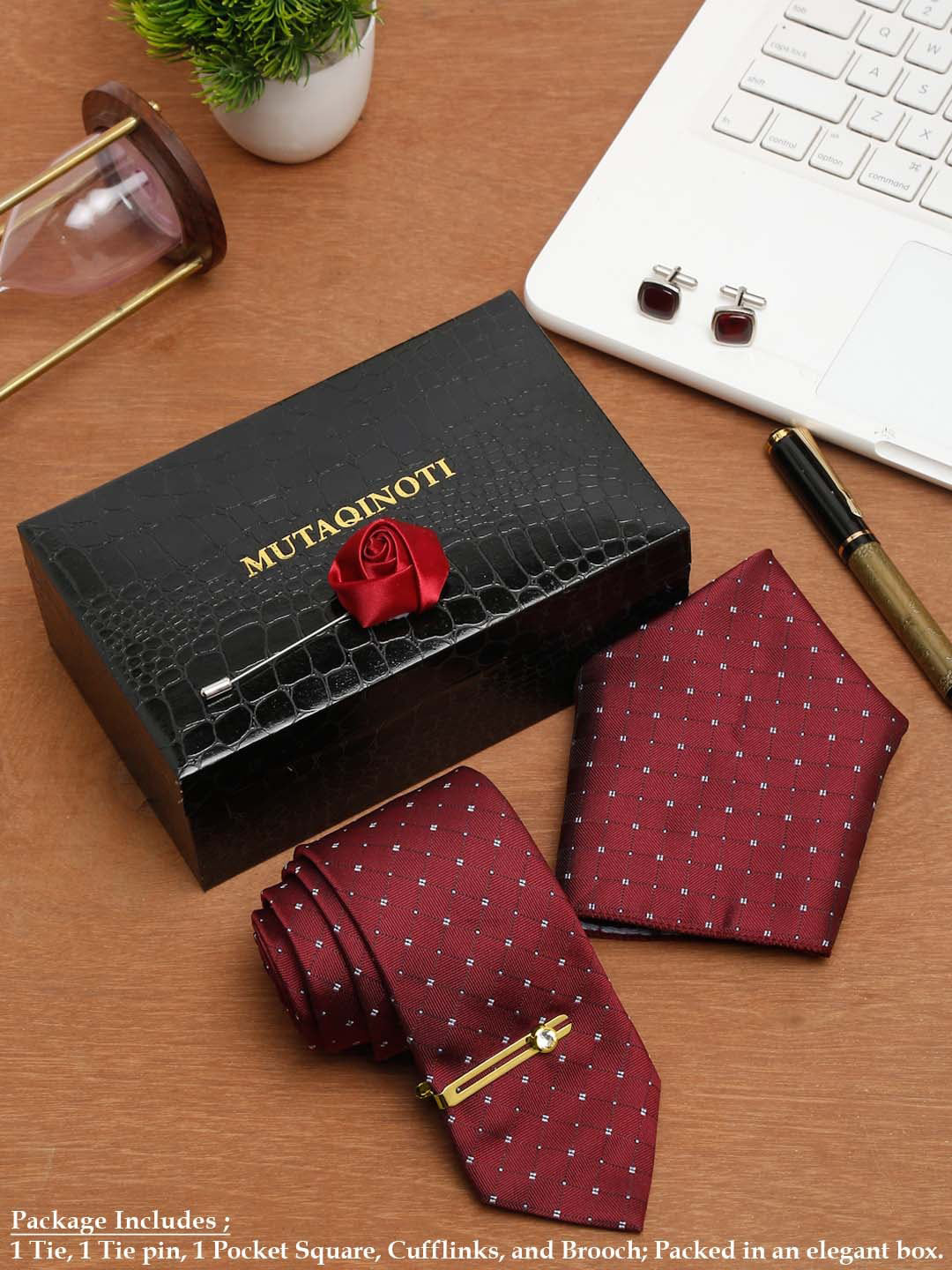 MUTAQINOTI Men Checks Rosewood Silk Formal Accessory Gift Set