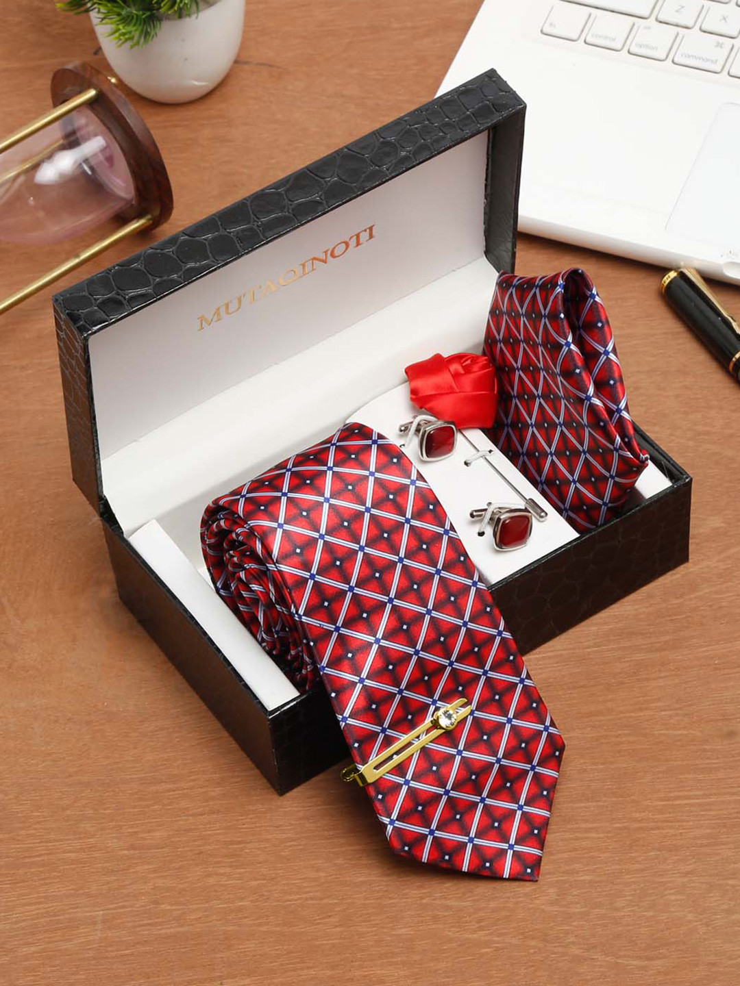 MUTAQINOTI Men Cross Checks Silk Blend Necktie Accessory Gift Set