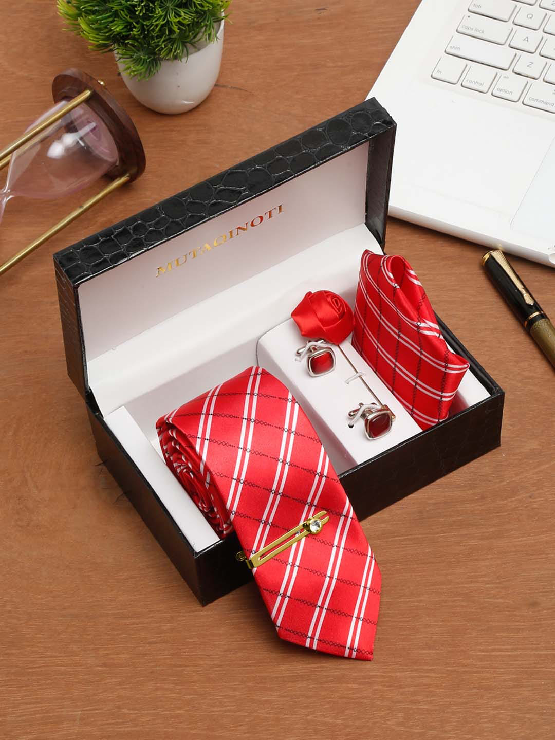 MUTAQINOTI Men Double Stripe Silk Blend Necktie Accessory Gift Set