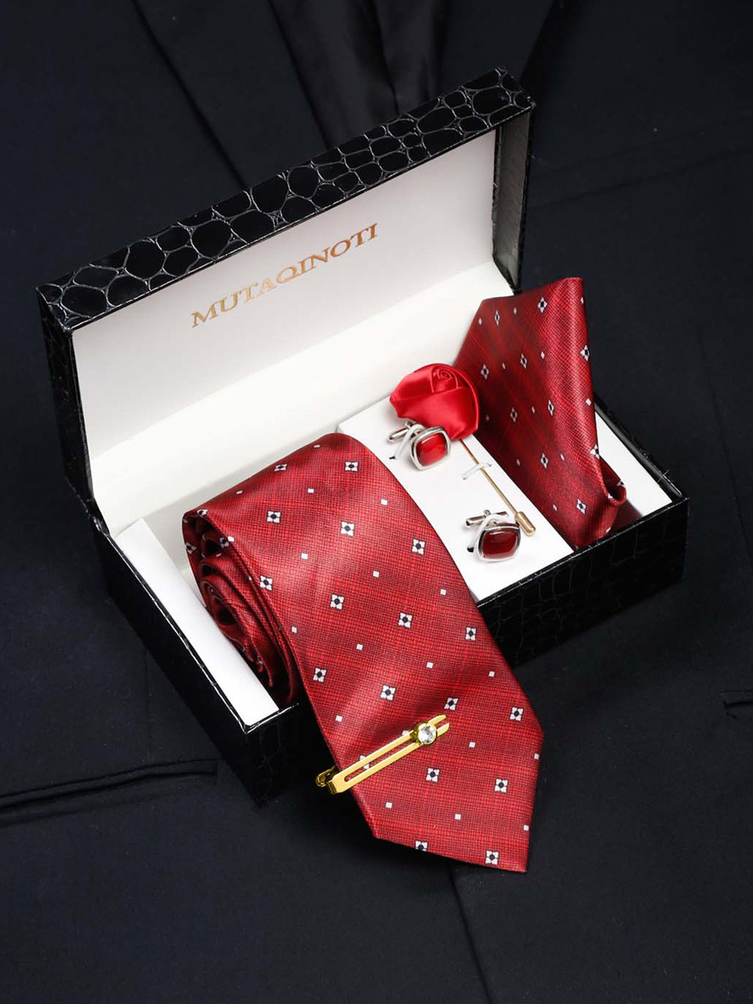 MUTAQINOTI Men Dark Stripes Silk Blend Necktie Accessory Gift Set