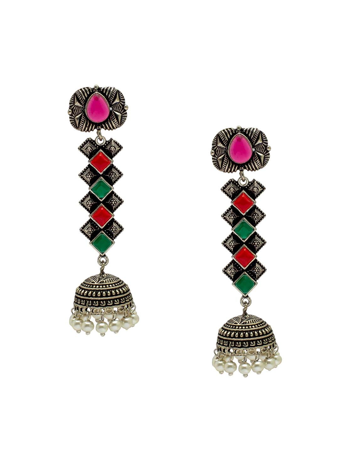 Shining Jewel - By Shivansh Red & Green Silver-Plated Contemporary Jhumkas Earrings