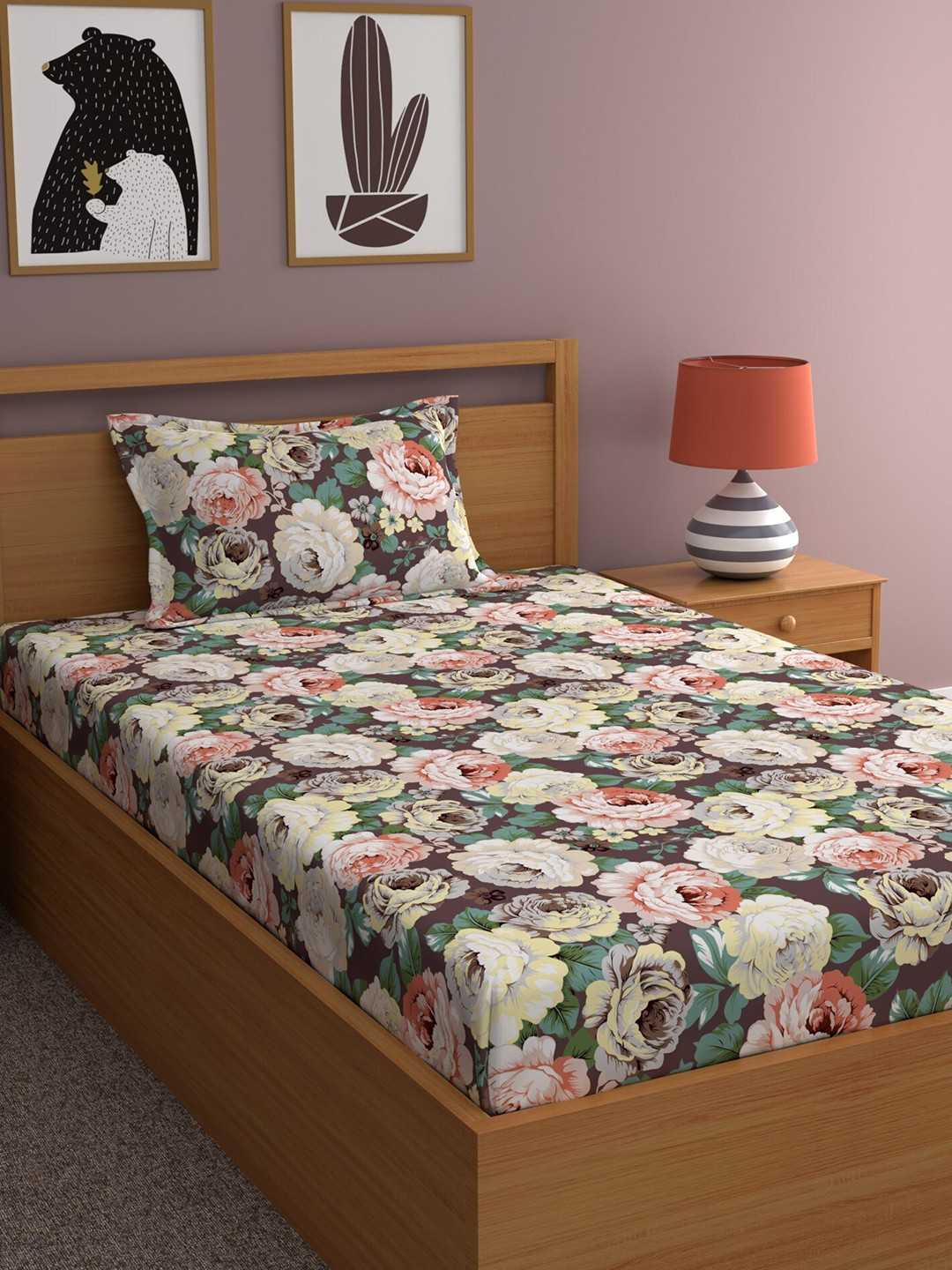 CHHAVI INDIA Green & Red Floral 210 TC Single Bedsheet with 1 Pillow Covers