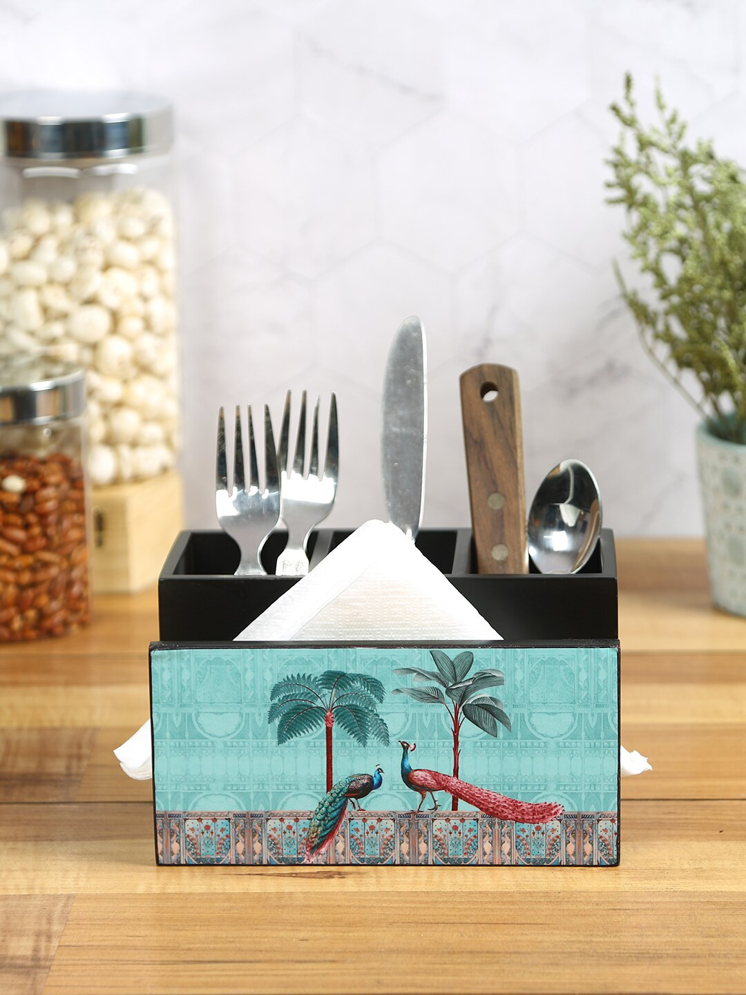 Reinvention Factory Peacock Wooden Cutlery & Tissue Holder