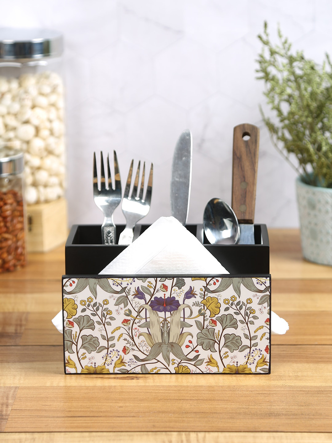 Reinvention Factory Retro Hibiscus Wooden Cutlery Tissue Holder
