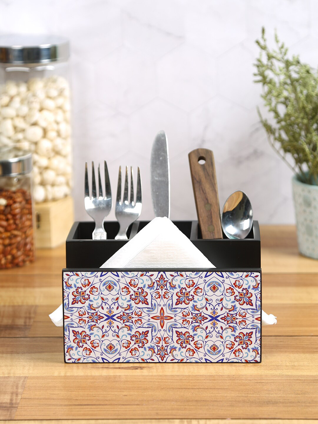 Reinvention Factory Turkish Mandala Wooden Cutlery & Tissue Holder