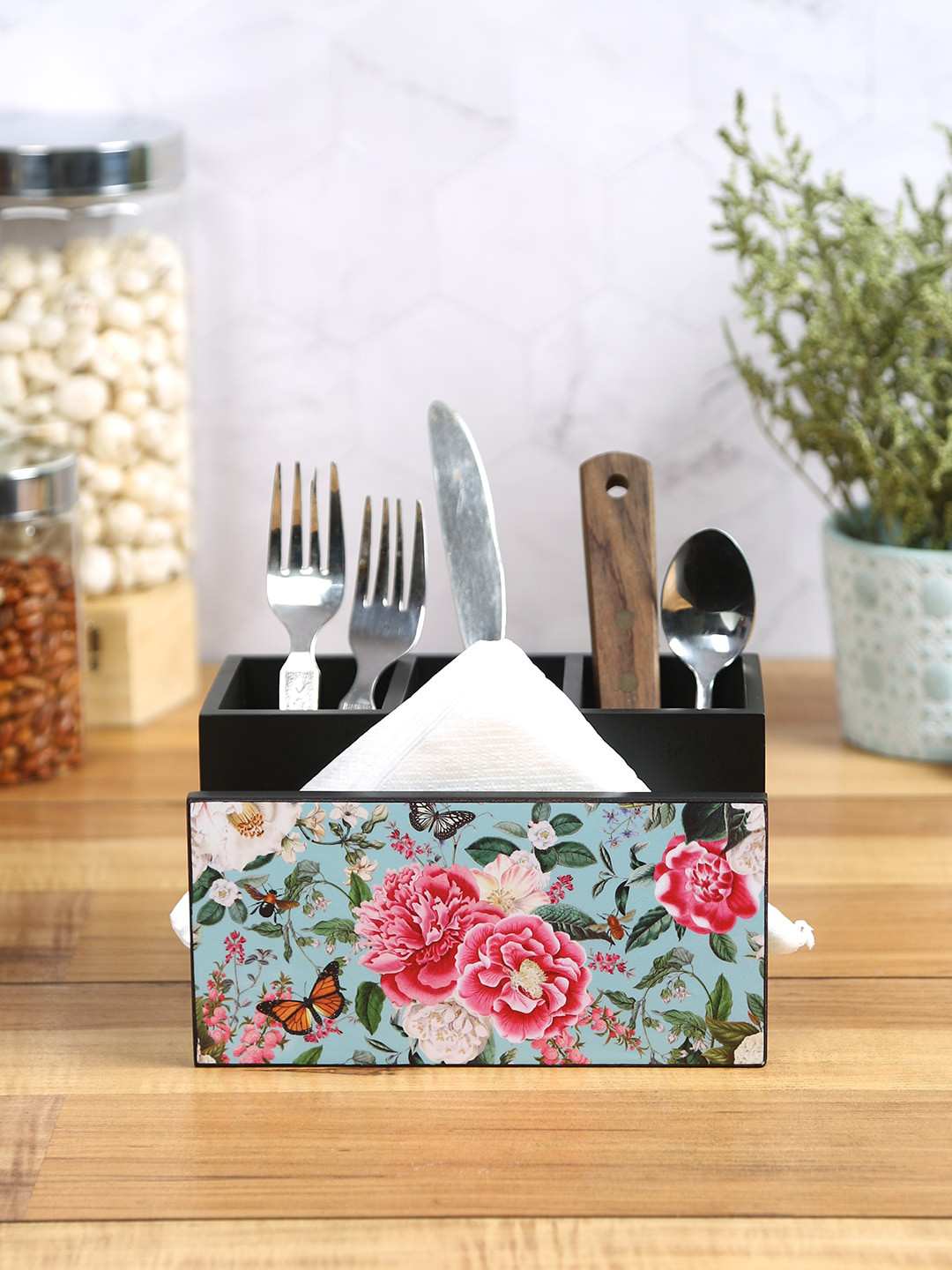 Reinvention Factory Black Floral Printed MDF Wooden Organisers