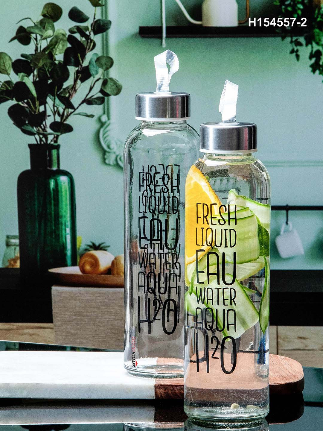 GOODHOMES Set Of 2 Printed Glass Water Bottle