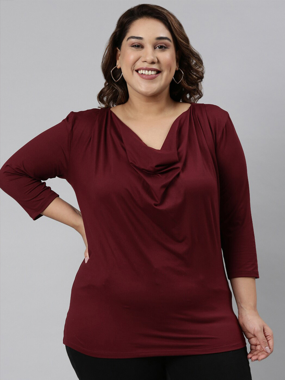 The Pink Moon Plus Size Women Maroon Cowl Neck Top