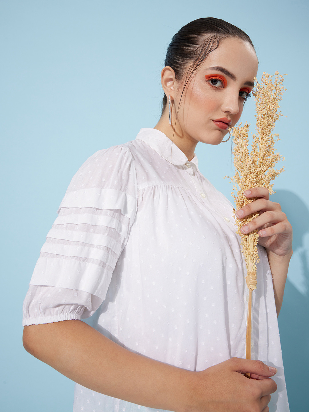 EVERYDAY by ANI   White Self-Design Sleeve Bounce Top