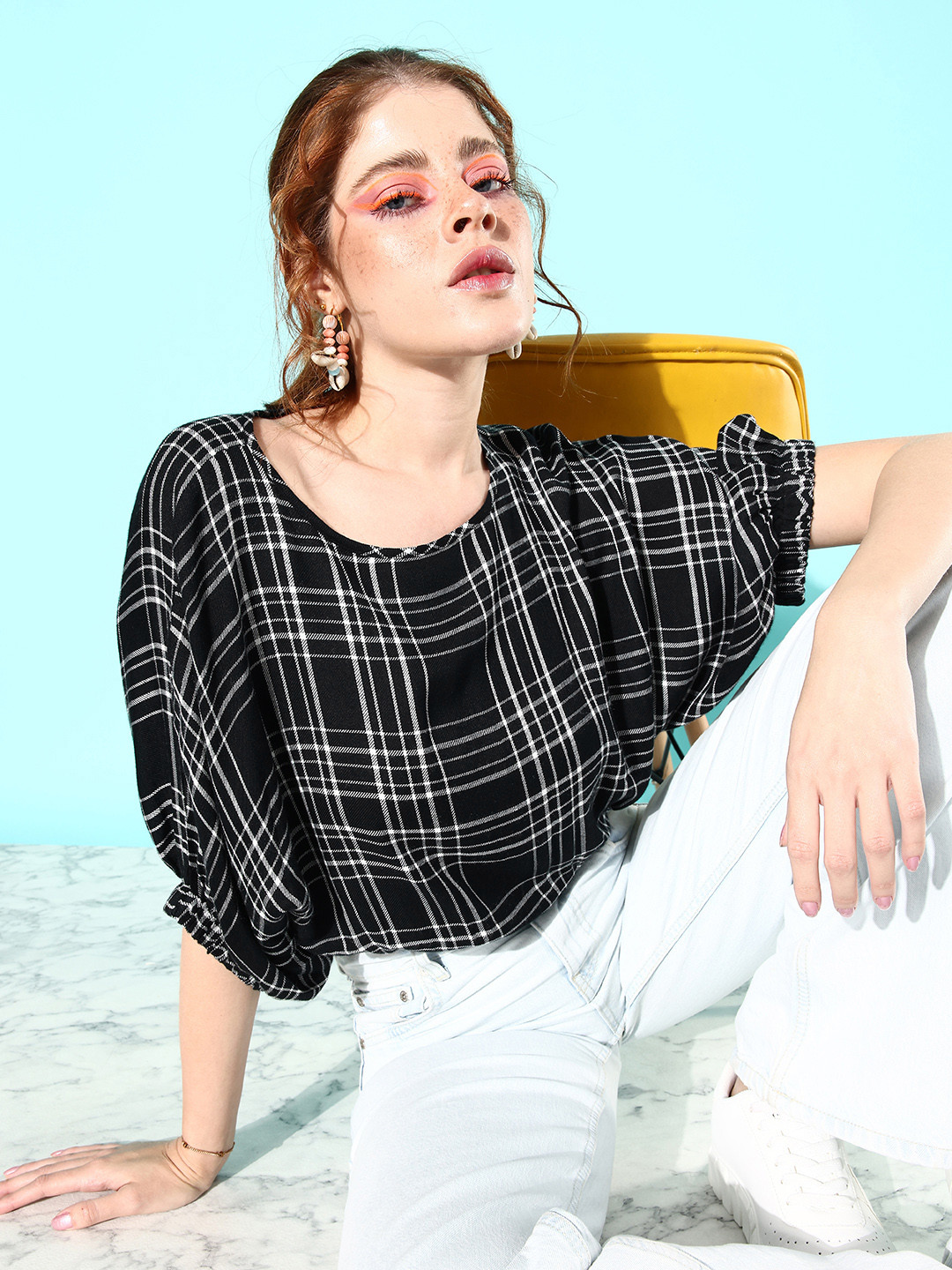 EVERYDAY by ANI Women Black & White Checked Batwing Sleeves Wool Boxy Crop Top