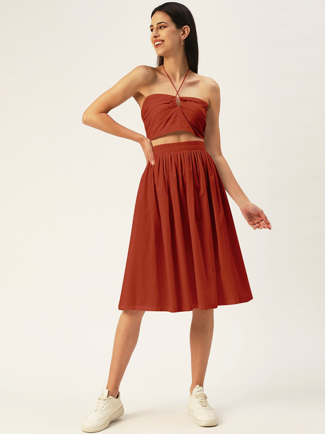 DressBerry Women Maroon Solid Halter Neck Co-Ord Set
