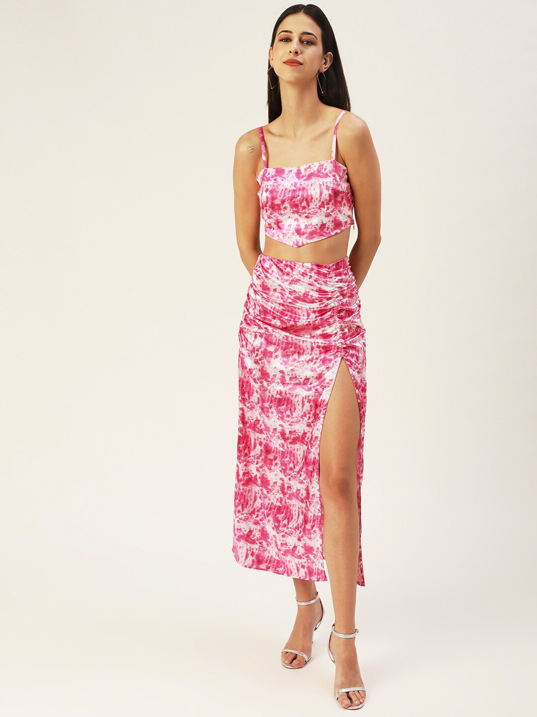 DressBerry Women Pink Printed Crop Top Co-Ord Set