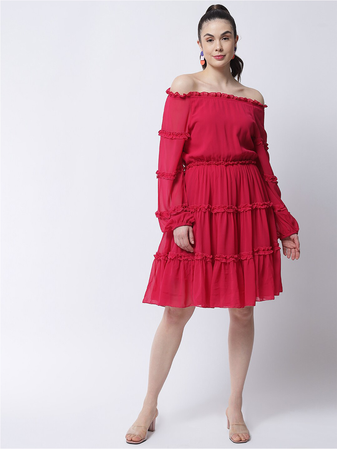 MARC LOUIS Fuchsia Off-Shoulder Crepe Dress