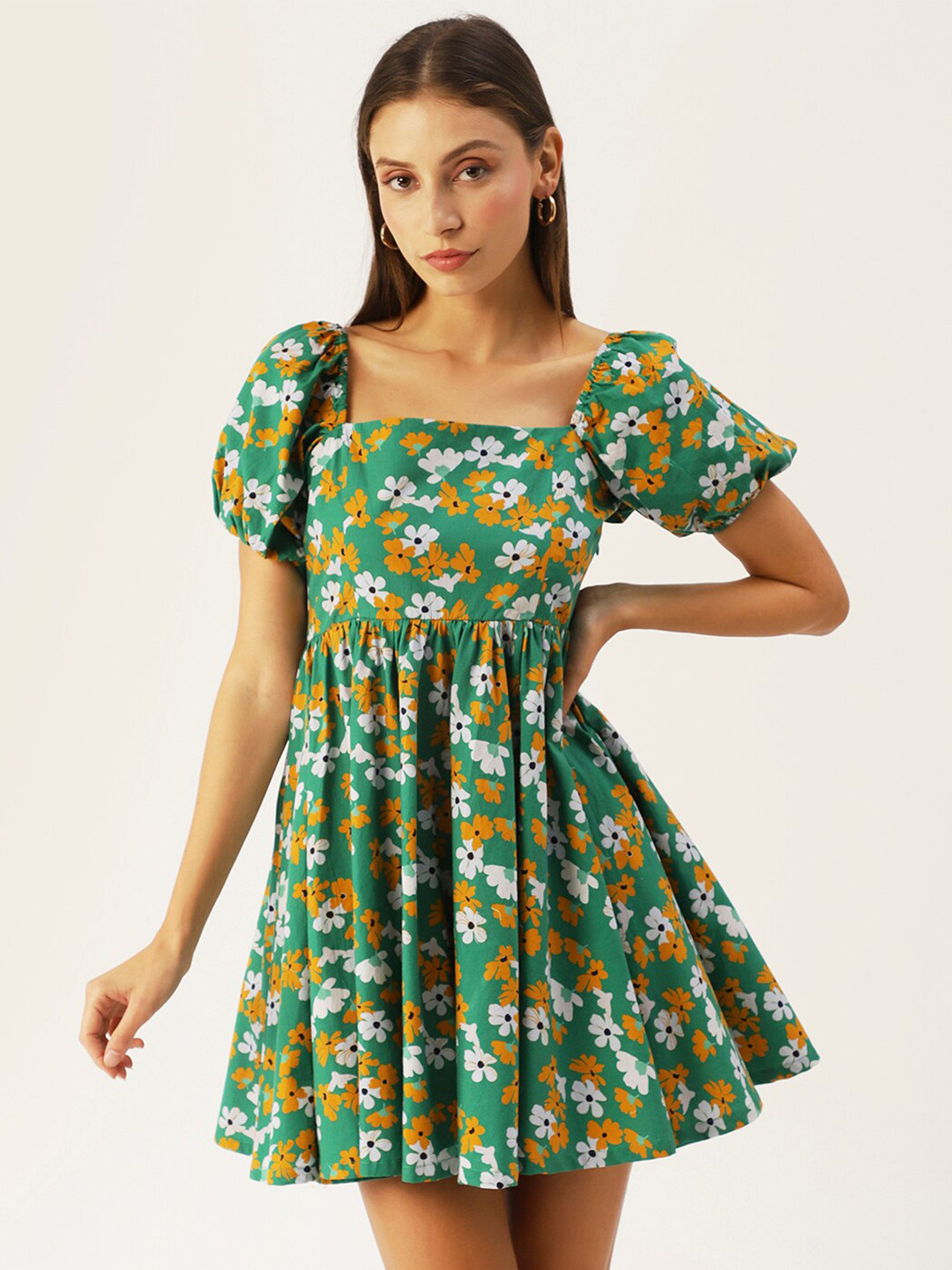 DressBerry Teal & Orange Floral Printed Mini Dress