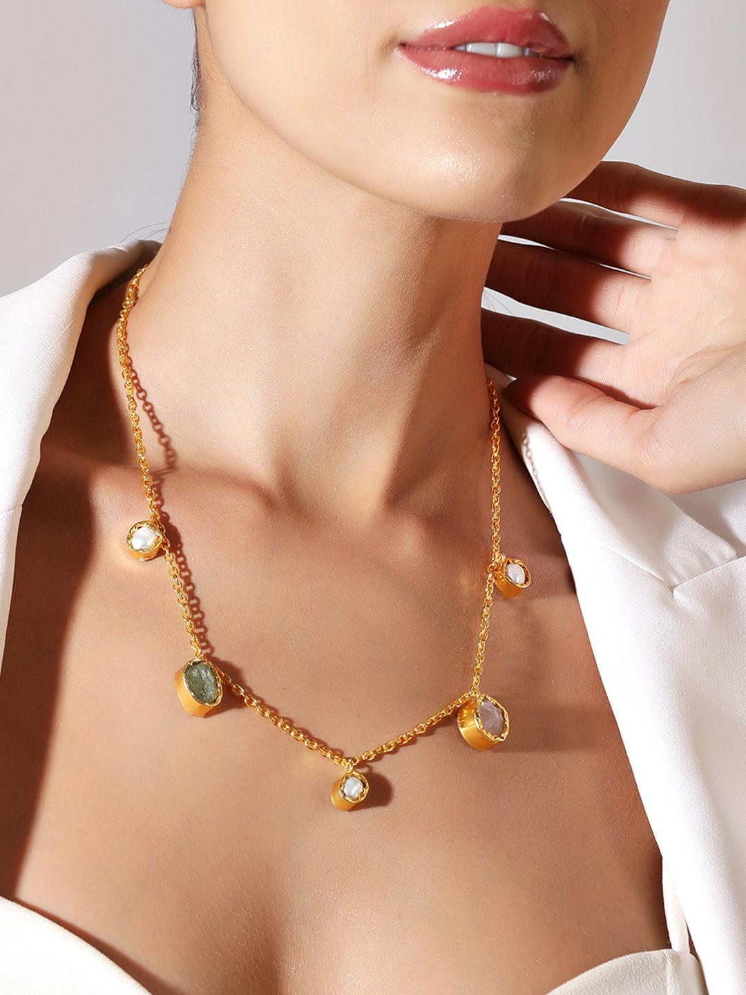 Rubans Voguish 18K Gold Plated Mint Green Pastel Pink & White Gemstone Studded Demi Fine Necklace