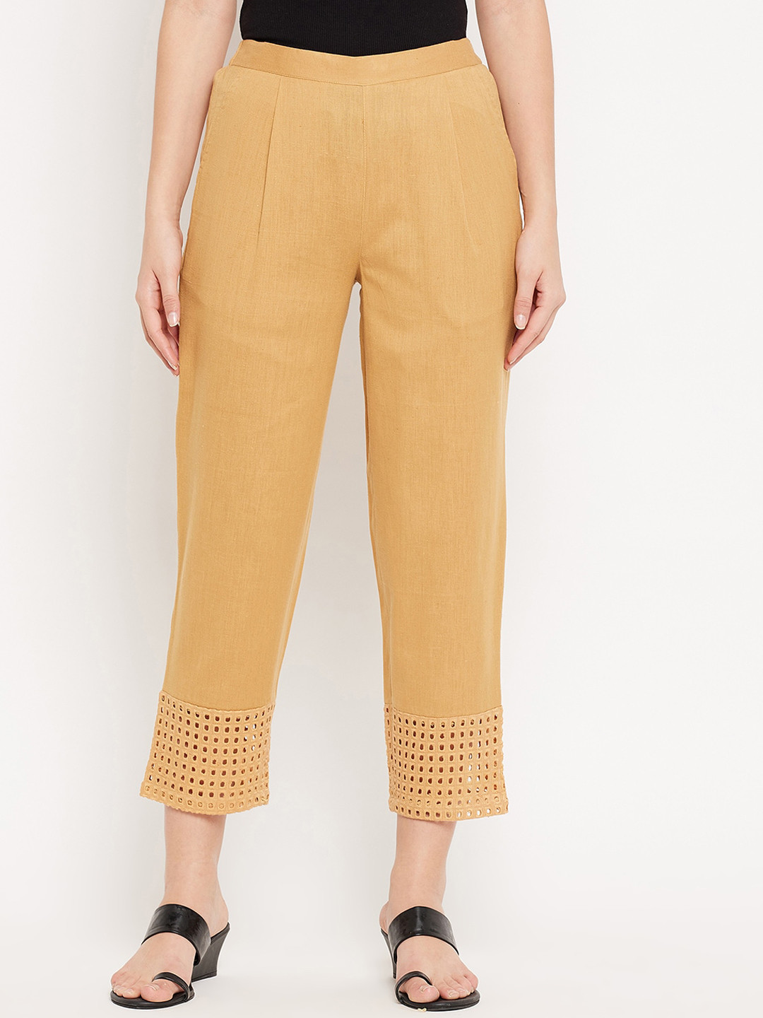 WineRed Women Beige Comfort Easy Wash Pleated Cotton Trouser