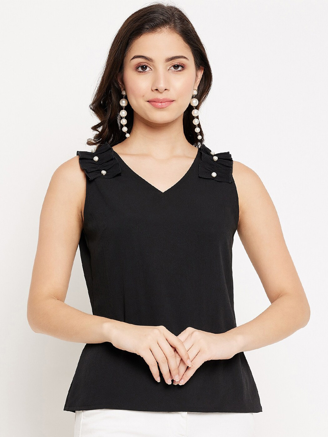 WineRed Women Black V-Neck Beads Detailed Crepe Top