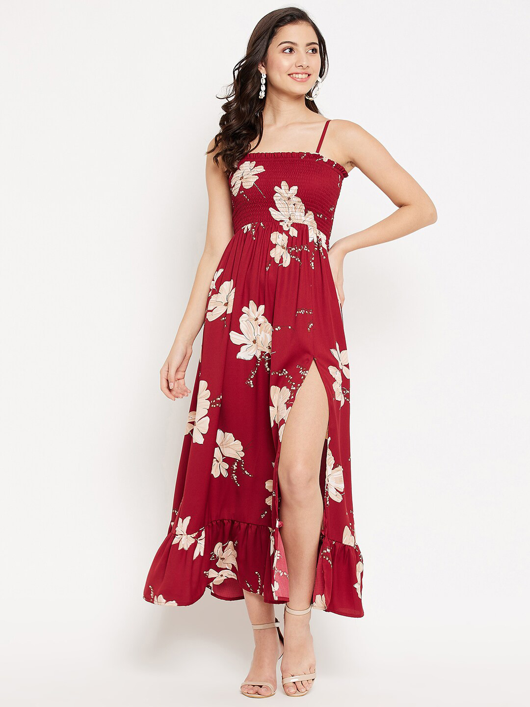 WineRed Women Maroon & Beige Floral Printed Crepe Maxi Dress