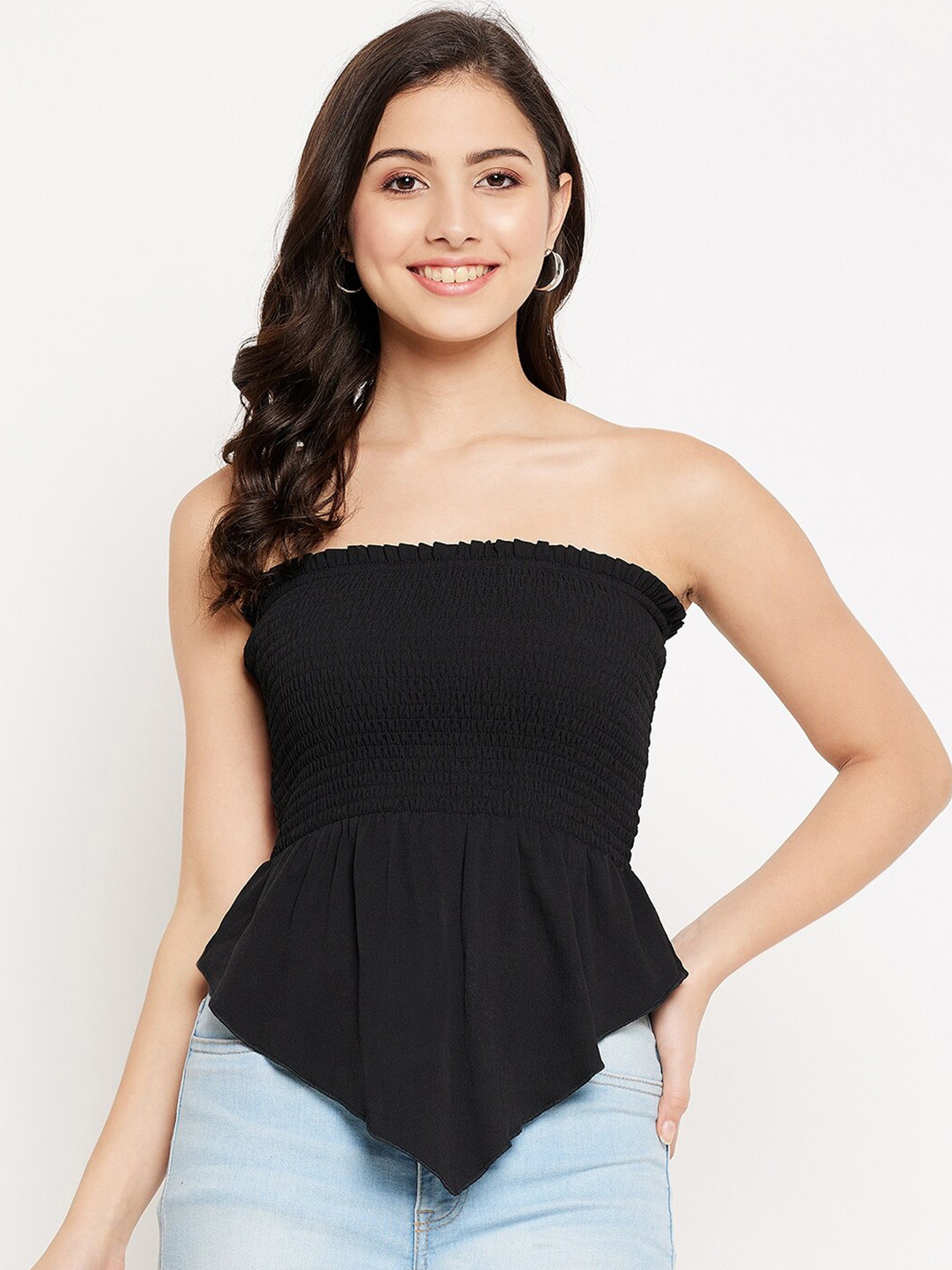 WineRed Black Smocked Crepe Peplum Top