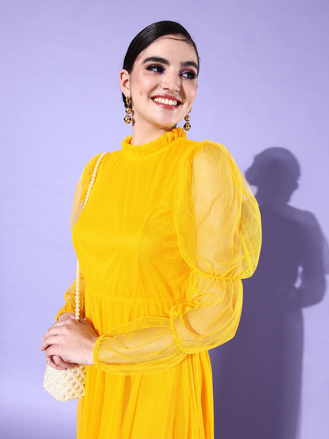 U&F Yellow Shimmery Net Maxi Dress