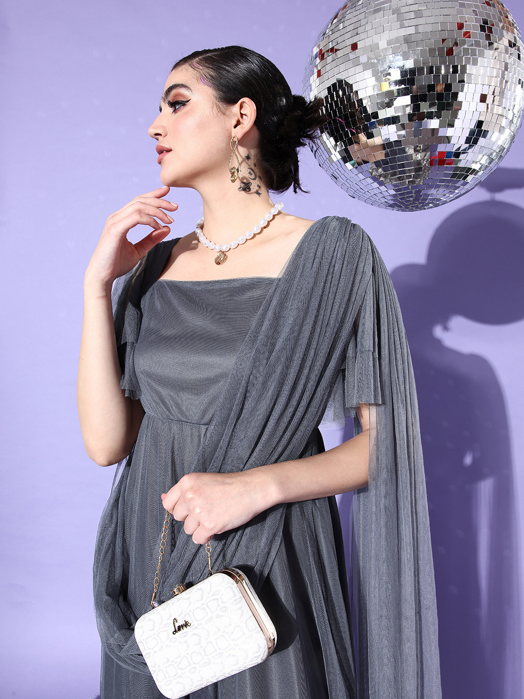 U&F Grey Solid Net Maxi Dress