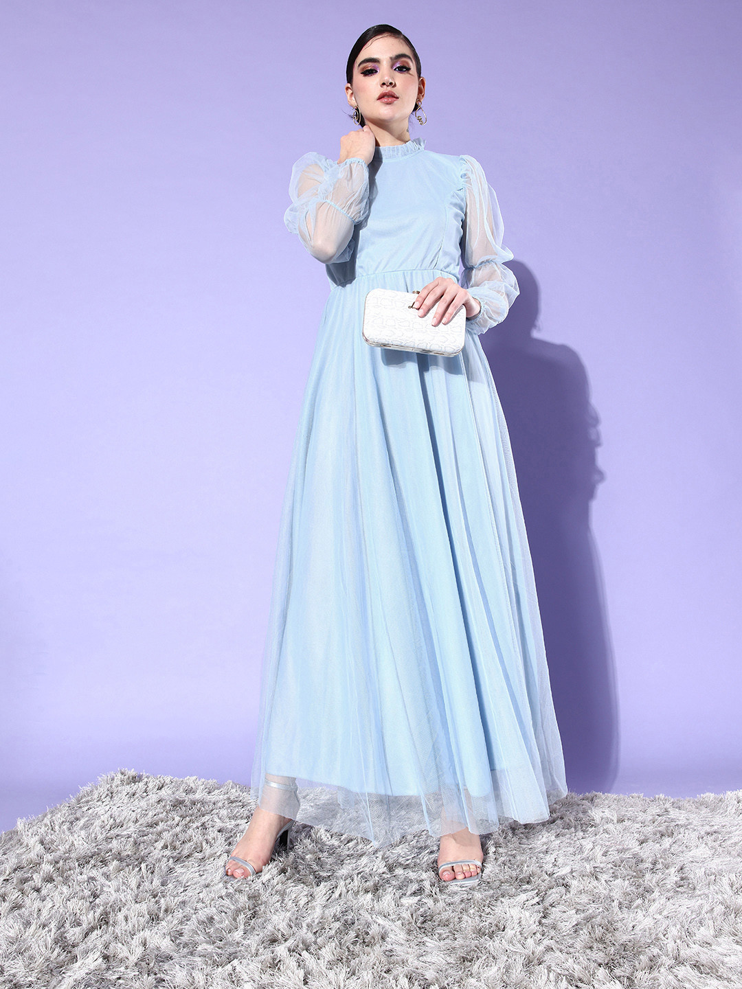 U&F Blue Shimmery Net Maxi Dress