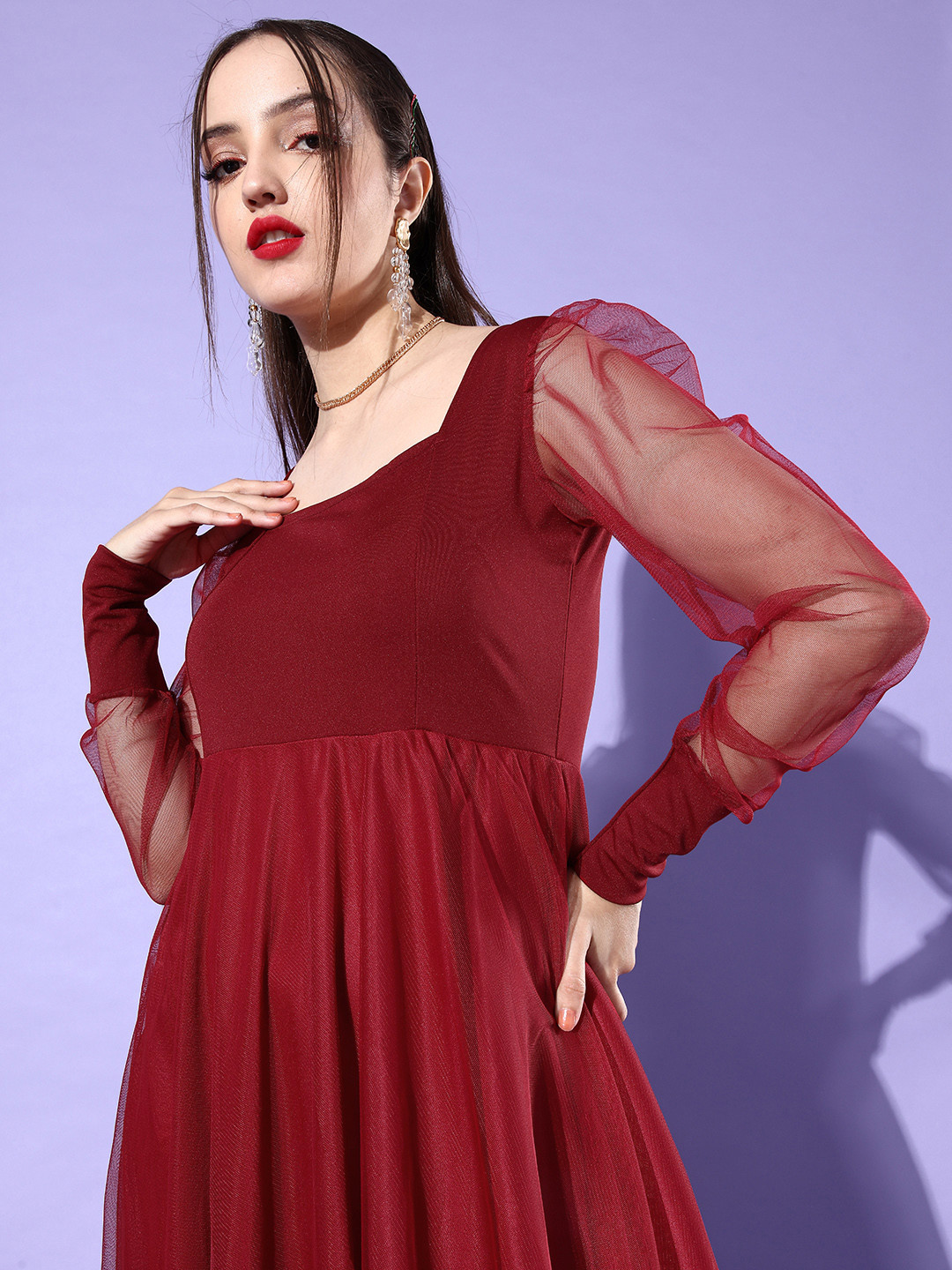 U&F Maroon Solid Net Maxi Dress