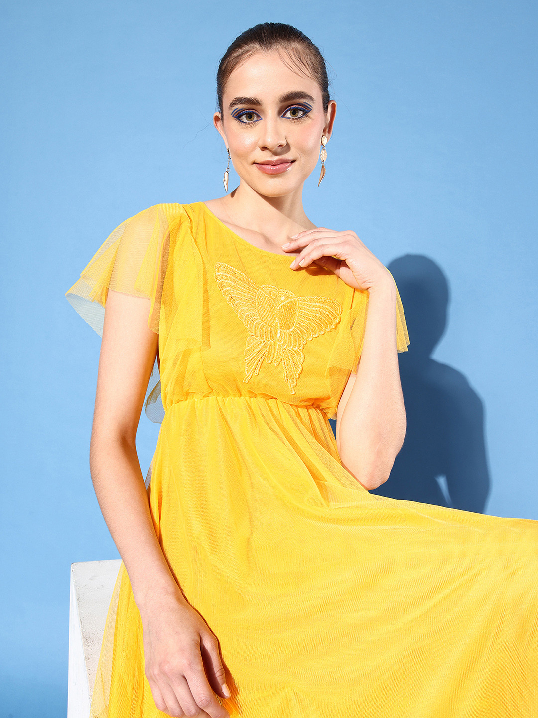 U&F Yellow Embroidered Net Maxi Dress