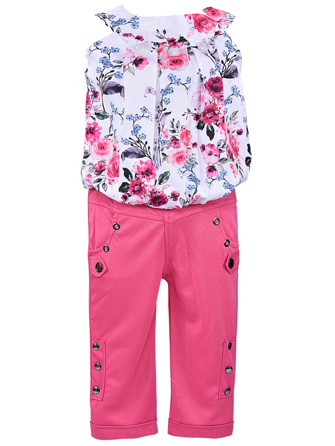 Wish Karo Girls Pink & White Floral Printed Top with Trouser