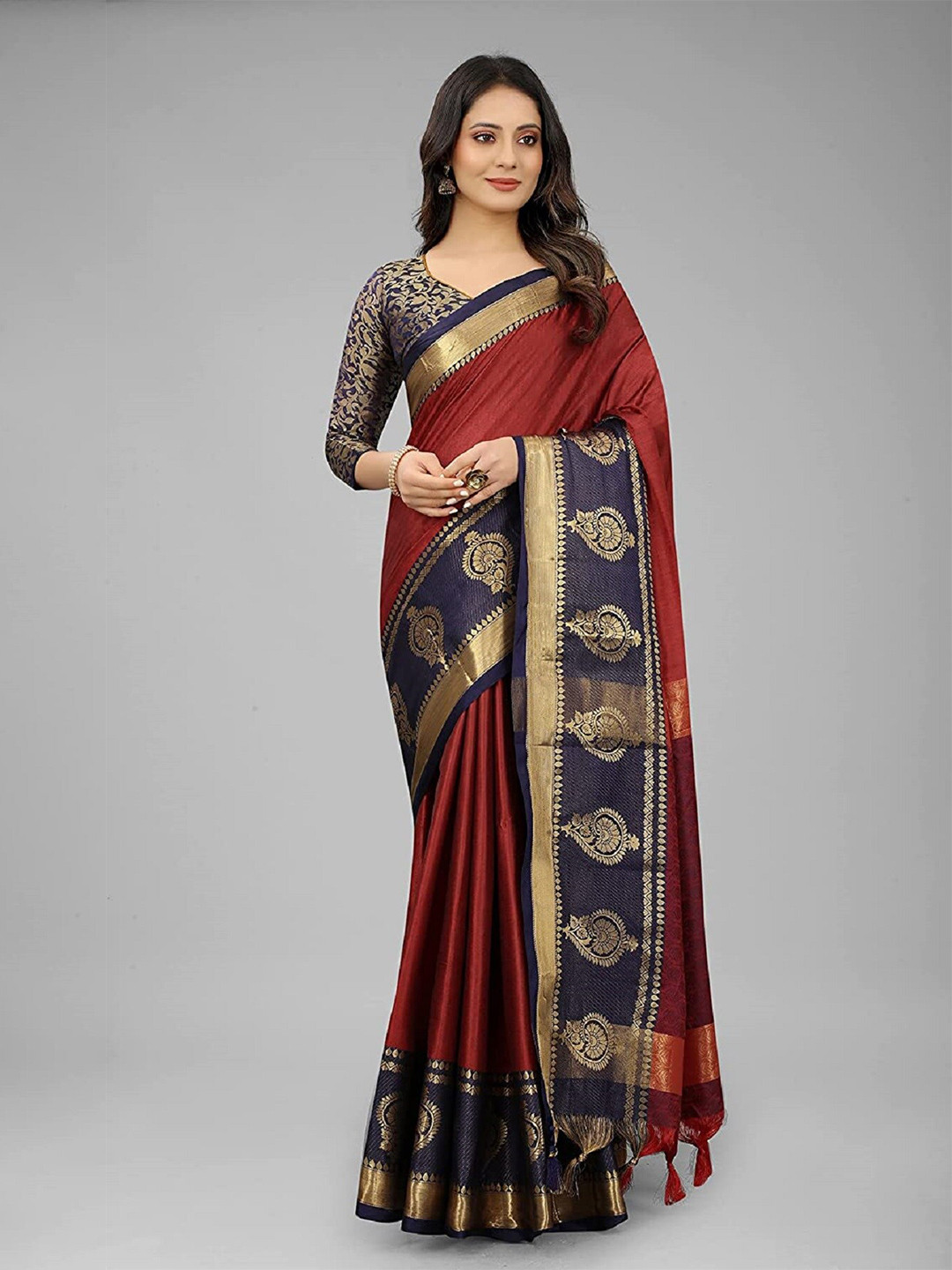 M M Venture Red & Navy Blue Zari Pure Cotton Saree