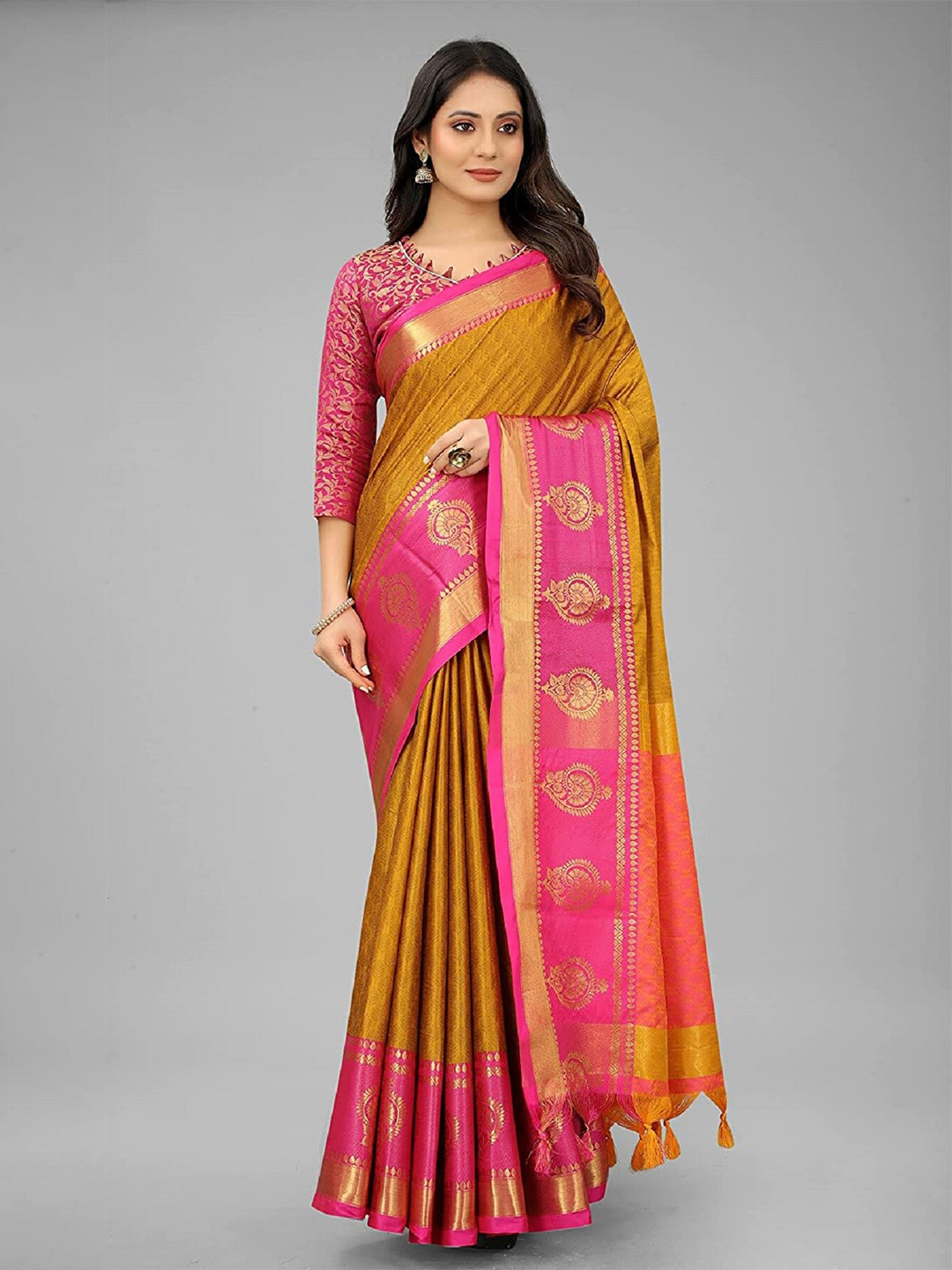 M M Venture Yellow & Pink Zari Pure Cotton Saree