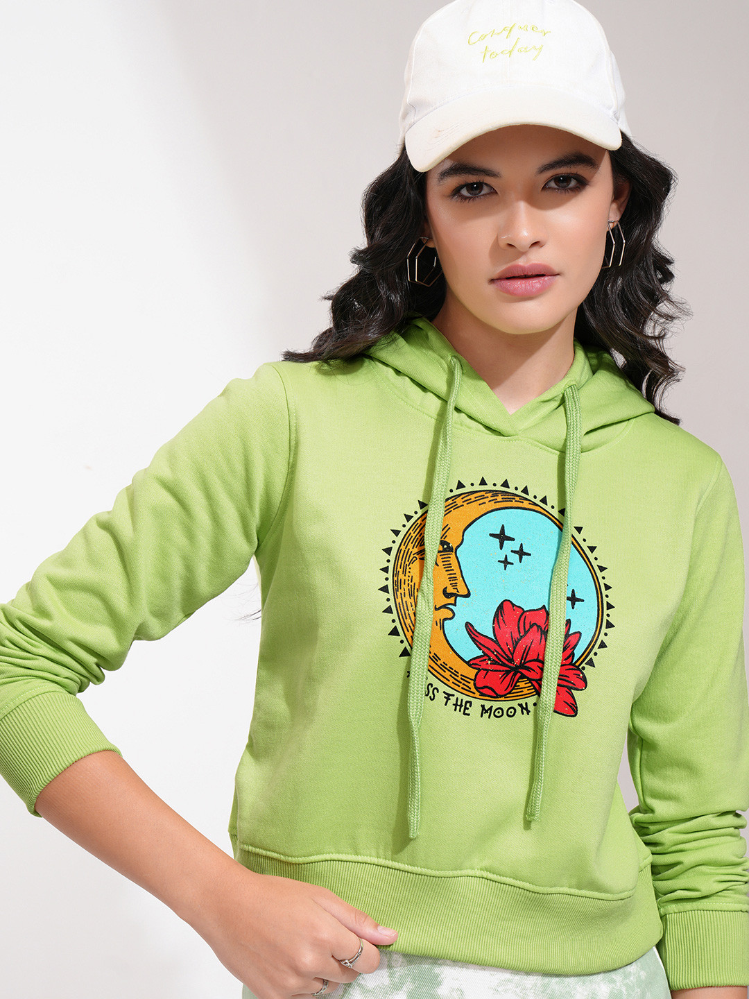 Tokyo Talkies Women Lime Green Printed Hooded Crop Sweatshirt