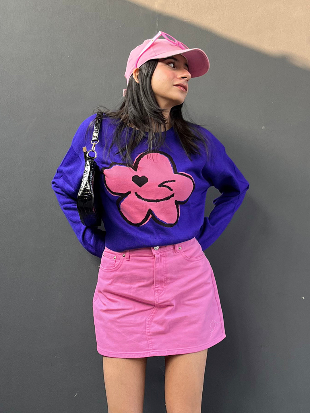 Tokyo Talkies Women Blue & Pink Floral Jacquard Crop Pullover