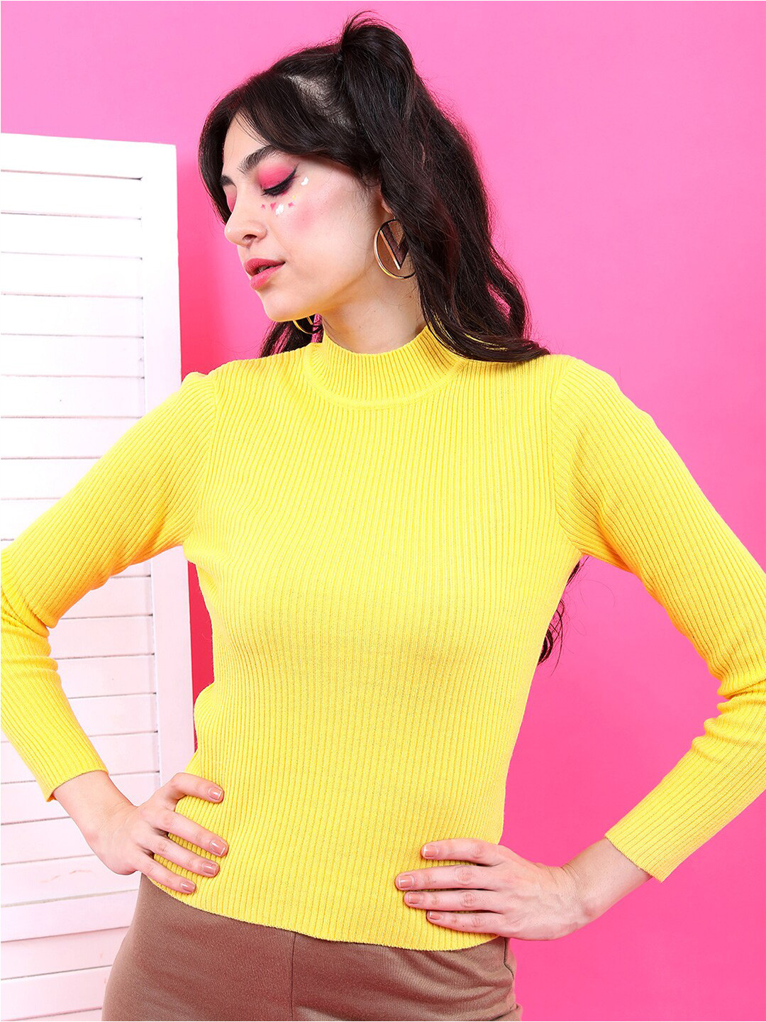 Basics By Tokyo Talkies Women Yellow Long Sleeve Pullover Sweater