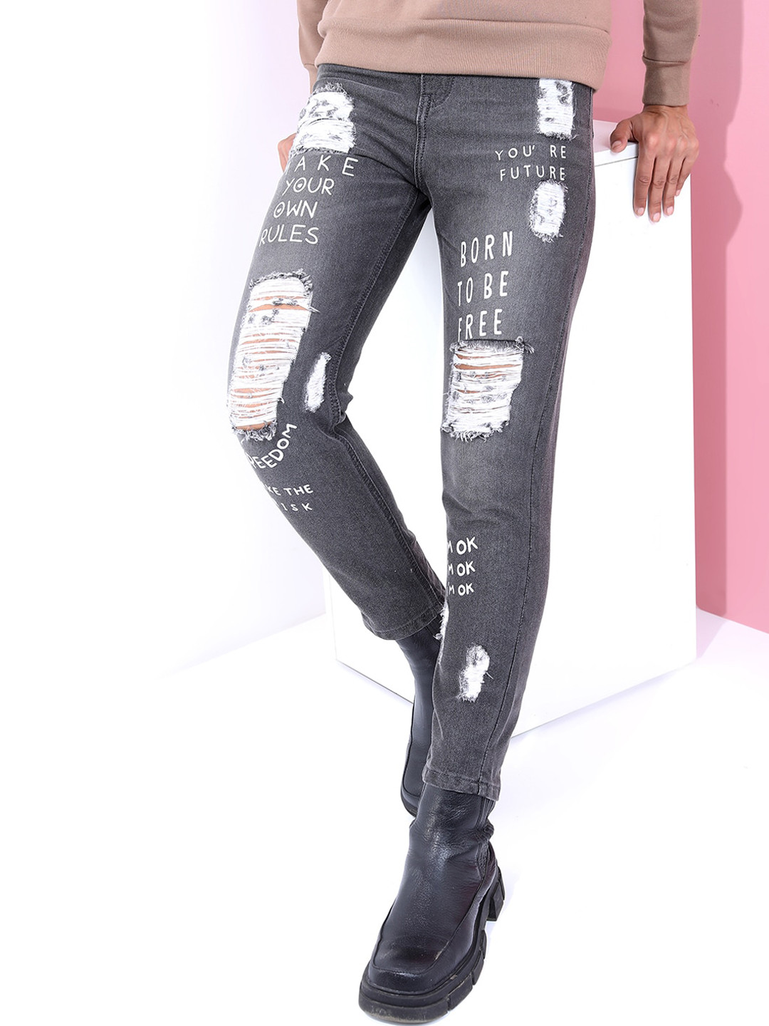 Tokyo Talkies Women Grey Highly Distressed Mom Fit Jeans