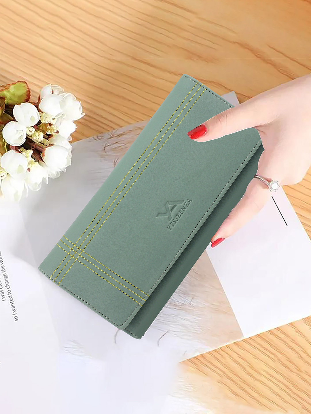 YESSBENZA Women Sea Green Embroidered Two Fold Wallet with Passport Holder