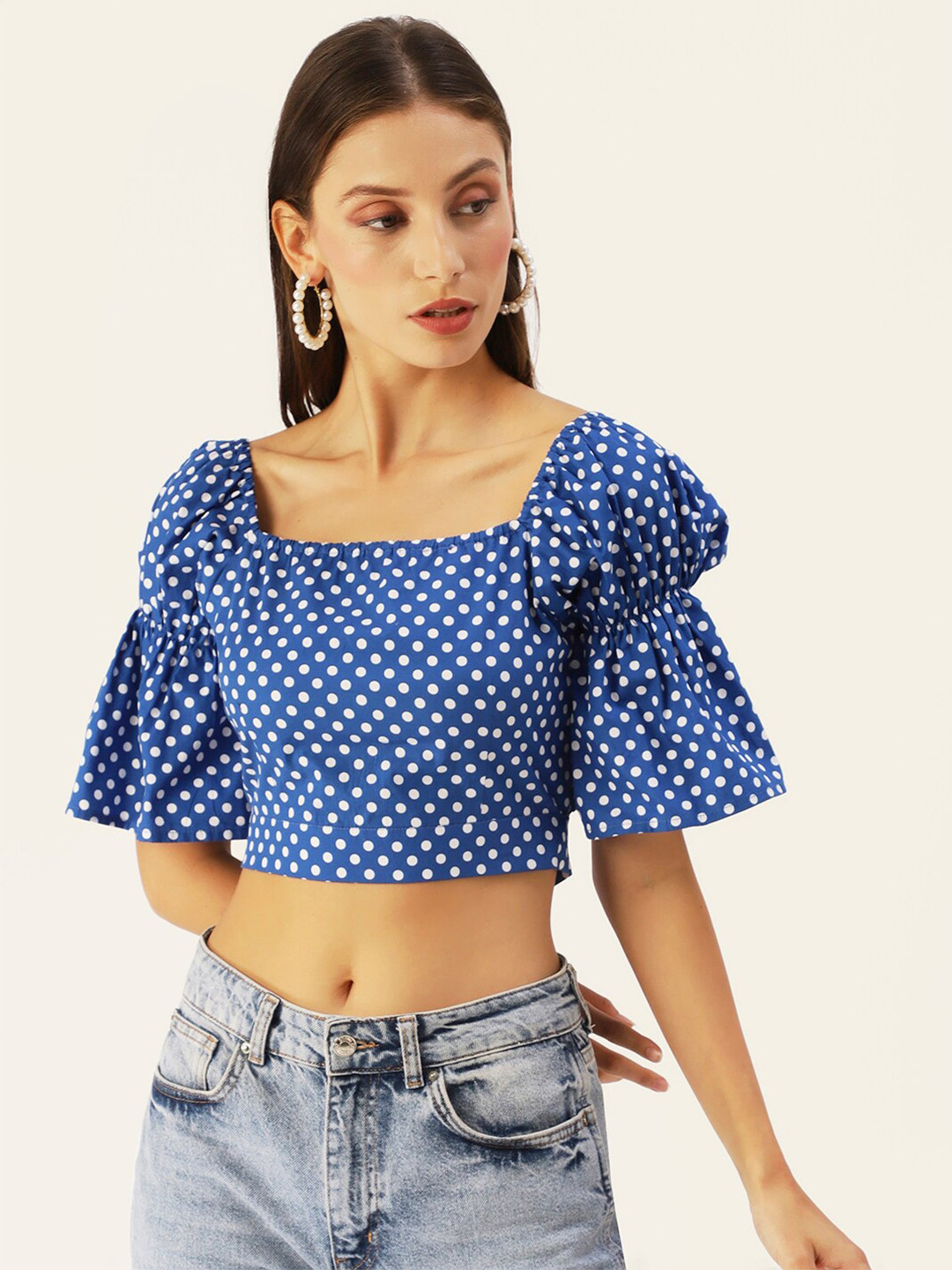 DressBerry Women Blue & White Print Crop Top