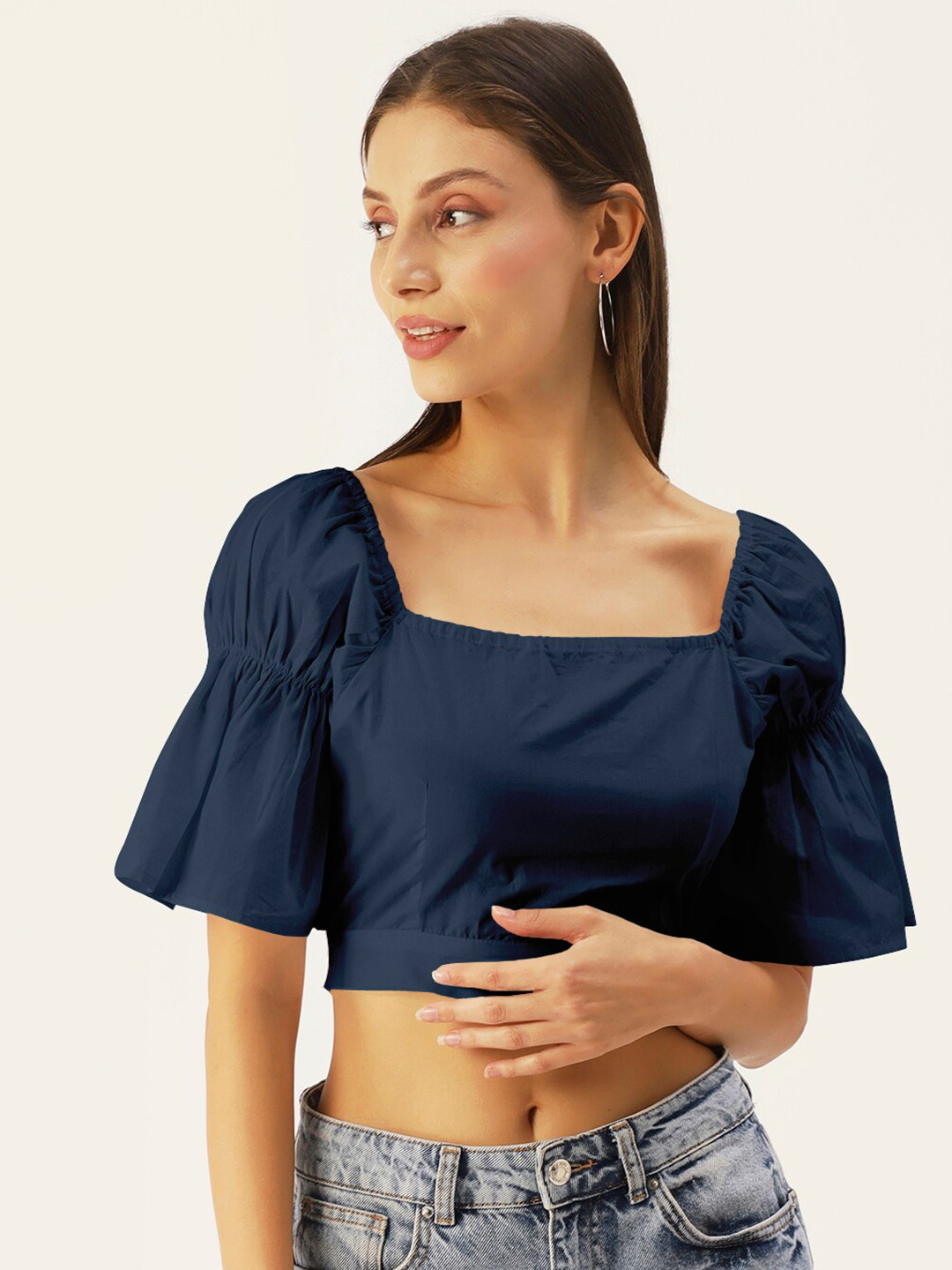 DressBerry Women Navy Blue Square Neck Styled Back Crop Top