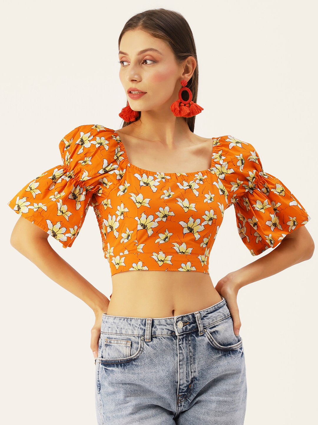 DressBerry Orange Floral Print Crop Top