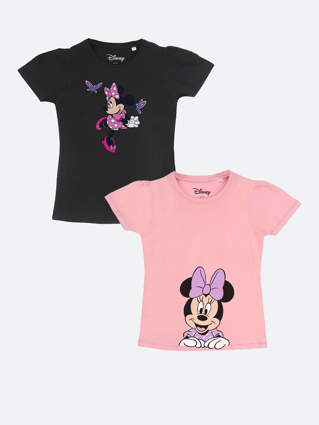 YK Disney Girls Black & Pink 2 Minnie Mouse Printed Puff Sleeves Pure Cotton T-shirts