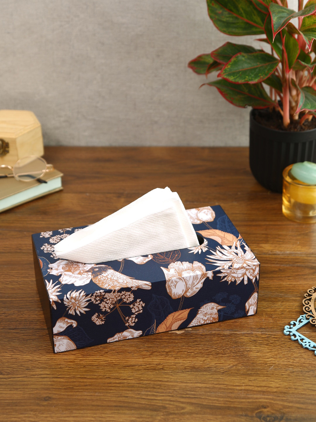 Reinvention Factory Navy Blue Tutsi Bird Wooden Tissue Paper Box