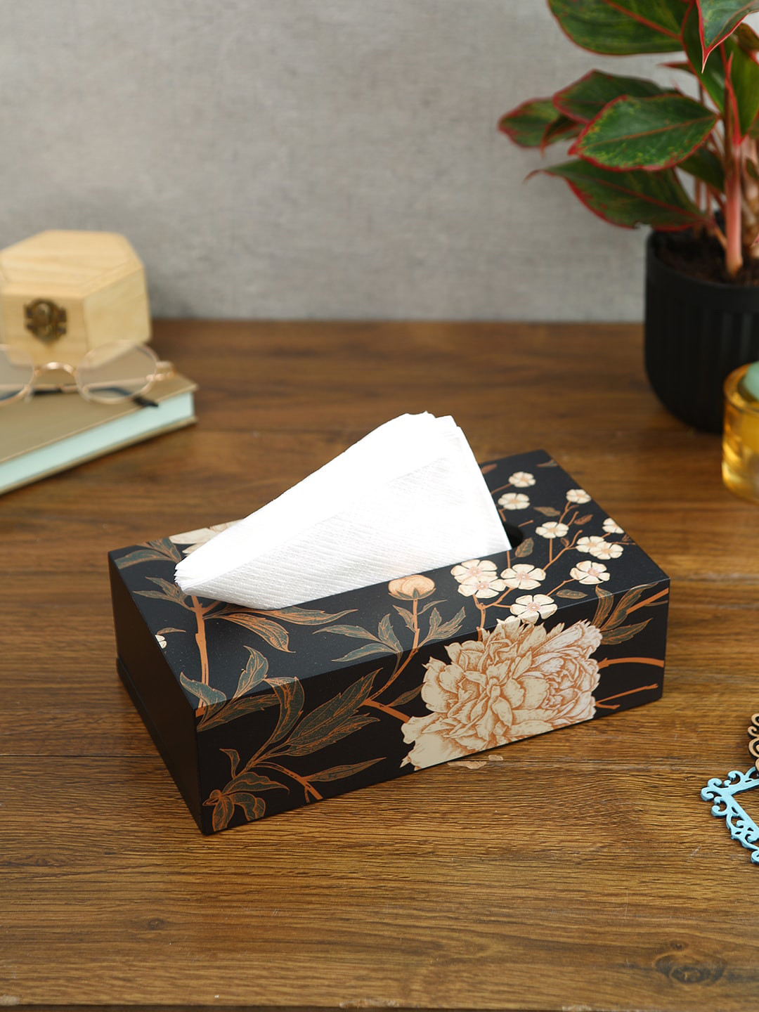 Reinvention Factory Black Flower Wooden Tissue Paper Box
