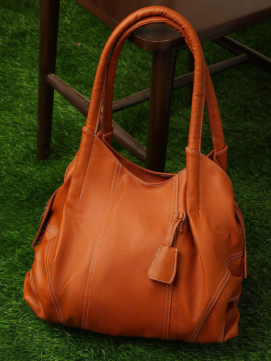 Fostelo Tan PU Oversized Structured Handheld Bag with Tasselled