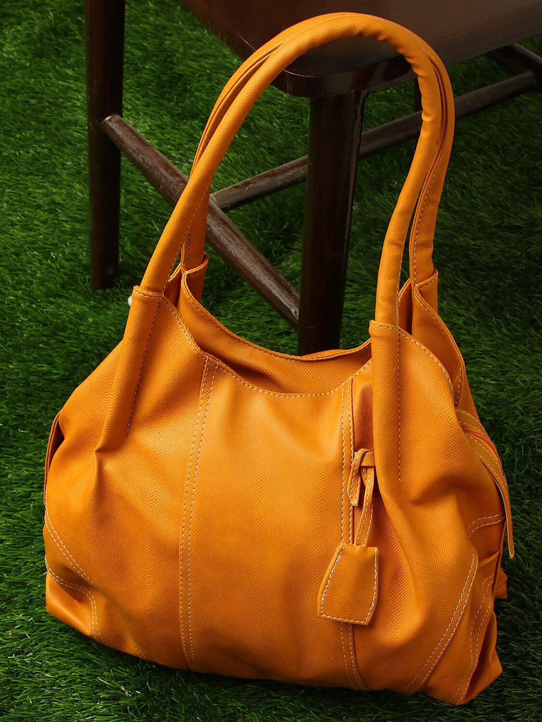 Fostelo Women Orange PU Oversized Bowling Hobo Bag with Tasselled