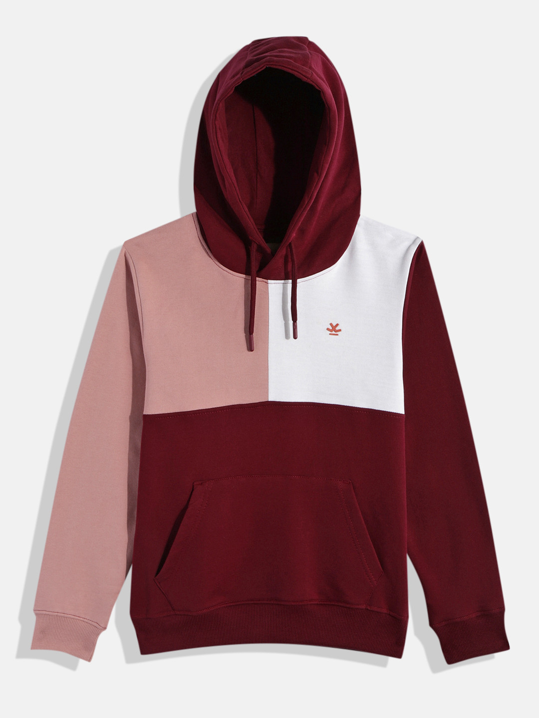 WROGN YOUTH Boys Maroon & Pink Colourblocked Hooded Sweatshirt