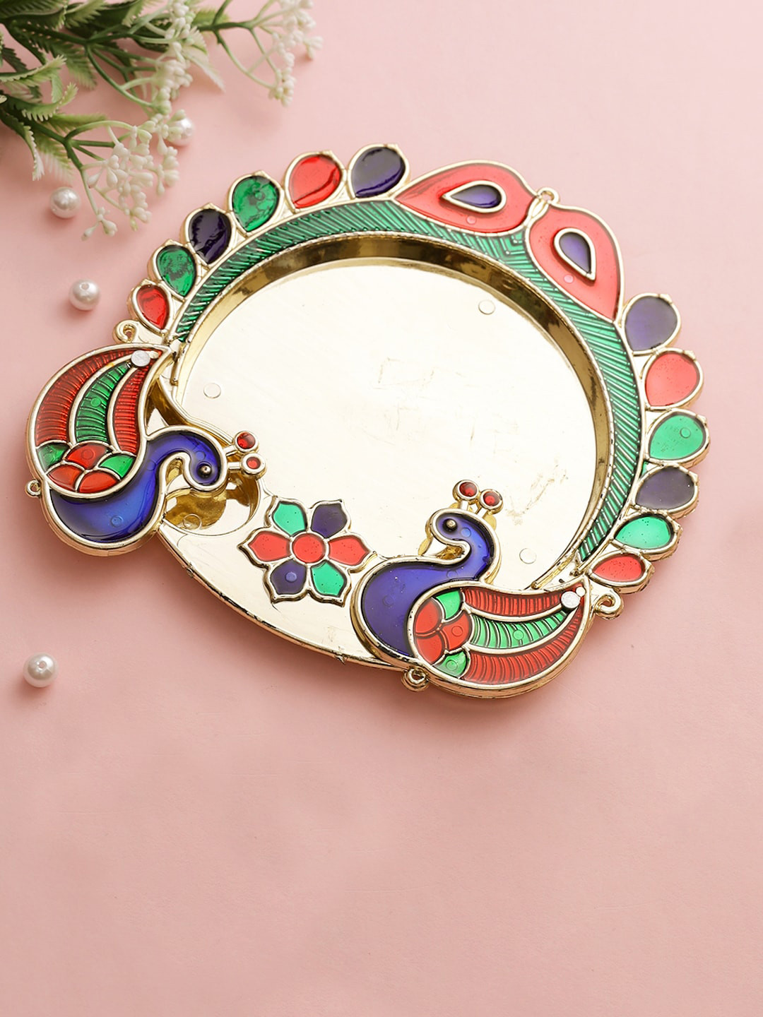 Aapno Rajasthan Gold-Toned & Green Peacock Design Pooja Thali